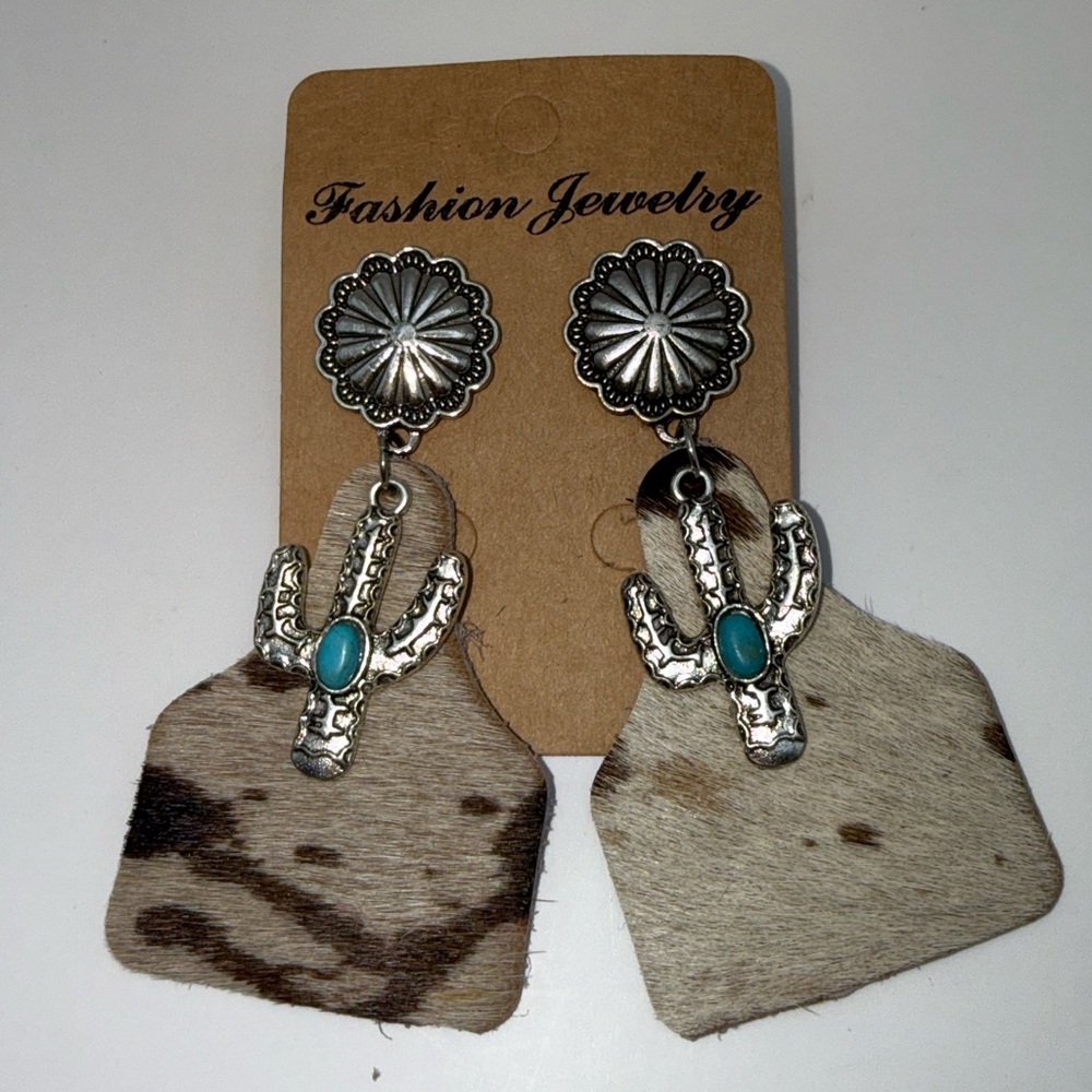 Western Cowhide Cactus Earrings Turquoise Concho Leather Dangle Boho Rodeo